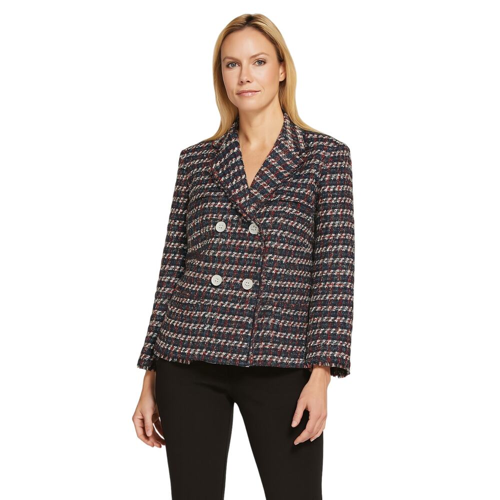 Ann Taylor Womens 12P Red White Blue Tweed Double Breast Lined Jacket